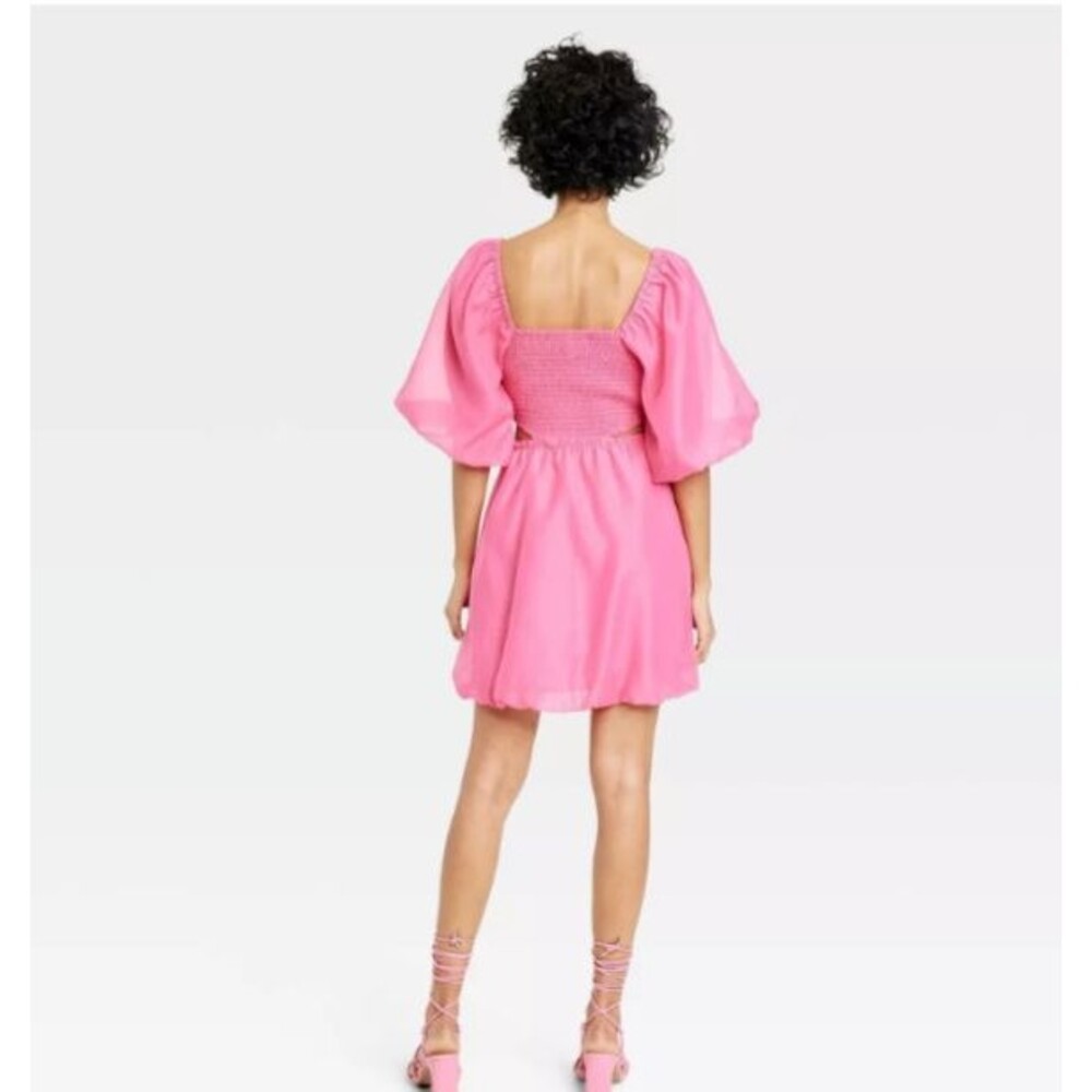A New Day Puff Short Sleeve Cut Out Bubble A-Line Dress -BARBIE PINK - Sz LARGE - Picture 2 of 5